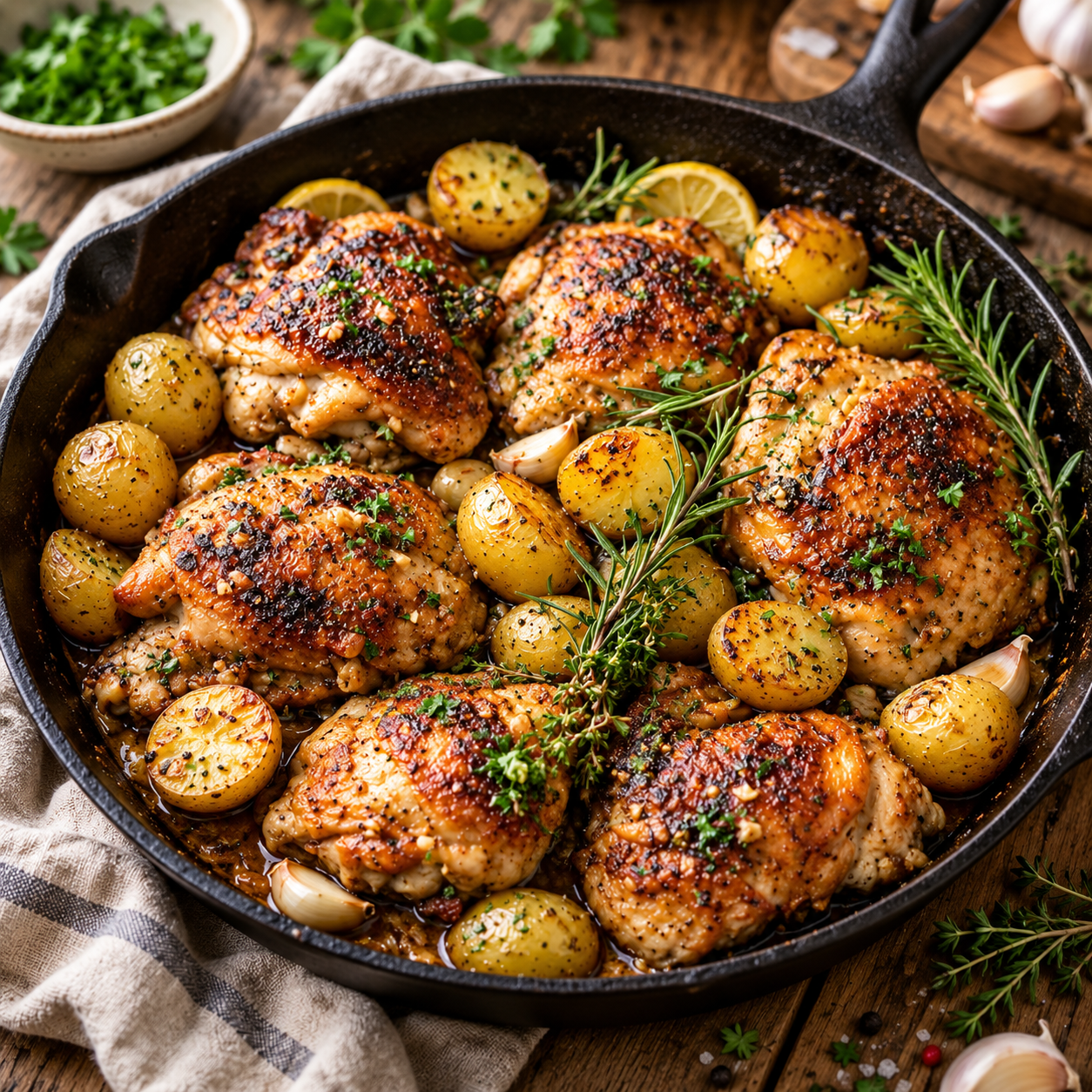 One-pan chicken and potatoes with crispy golden chicken thighs, roasted baby potatoes, garlic, rosemary, thyme, and lemon in a cast-iron skillet.