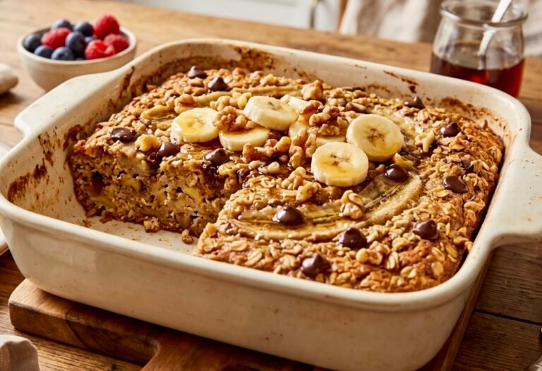 Easy banana bread oatmeal bake with soft texture, golden top, and fresh banana slices