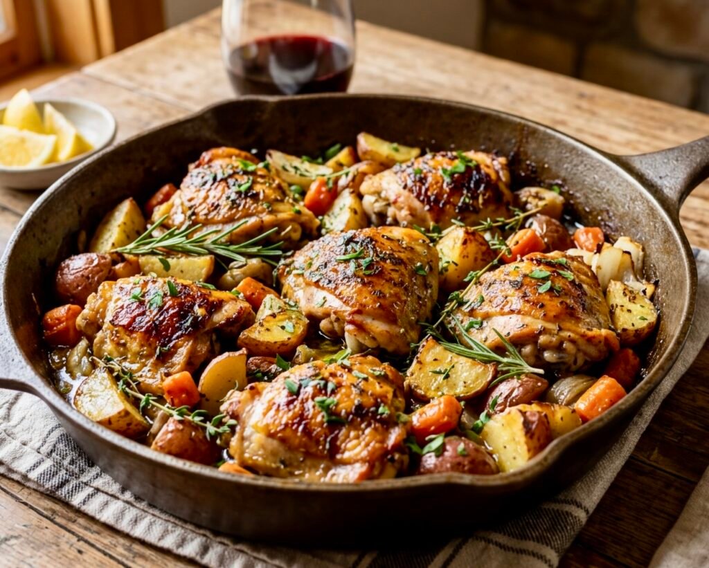 Easy one pan chicken and potatoes with crispy roasted potatoes and juicy chicken