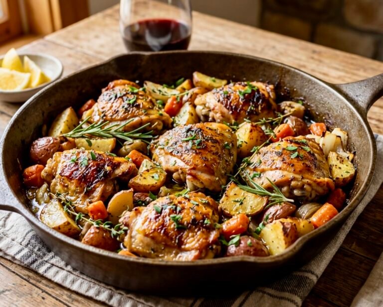 Easy one pan chicken and potatoes with crispy roasted potatoes and juicy chicken