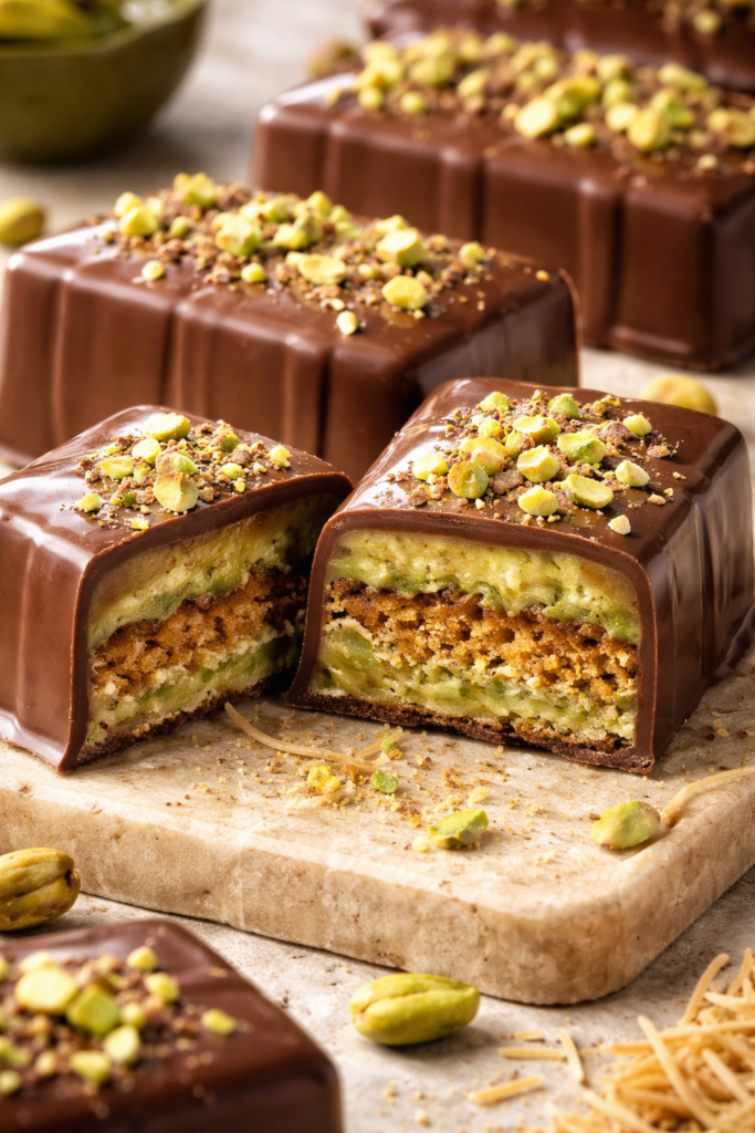 An up-close cross-section of a viral Dubai chocolate bar on a wooden board, showing a thick dark chocolate shell filled with vibrant green pistachio cream and crunchy, golden toasted kataifi pastry