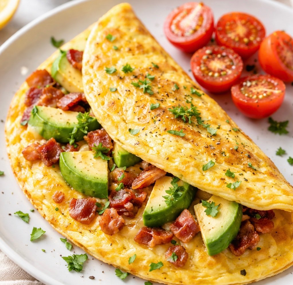 Easy avocado bacon omelette with fluffy eggs, crispy bacon, and creamy avocado