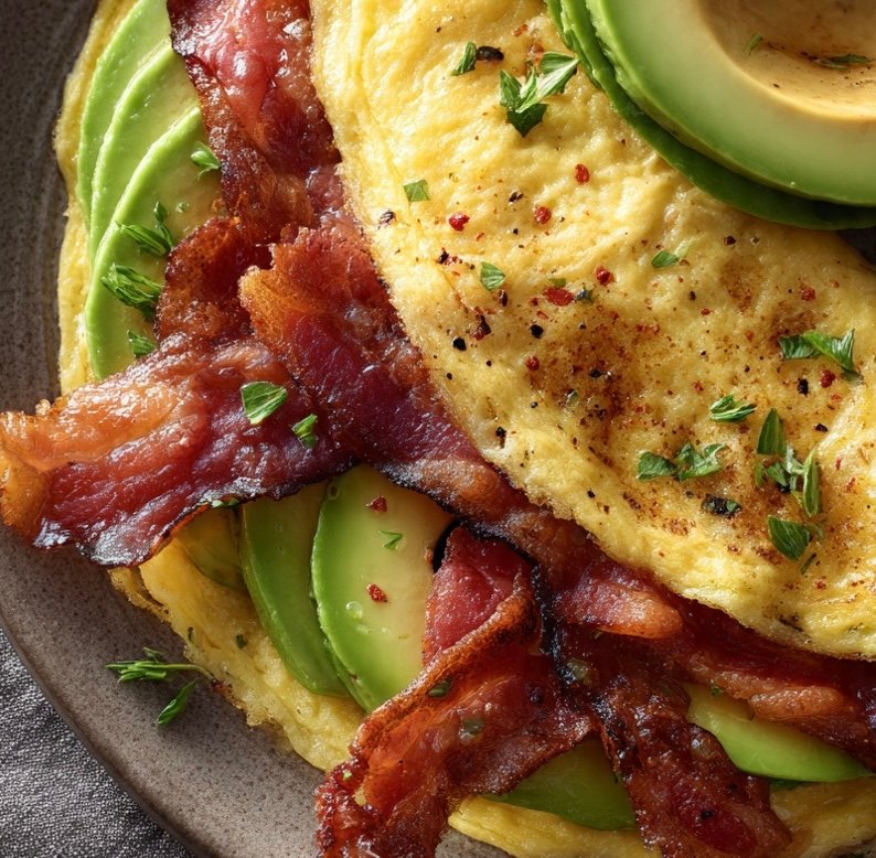 Fluffy Avocado & Bacon Omelette filled with crispy bacon, melted cheese, and fresh avocado.