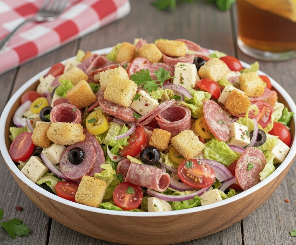 A delicious, close-up view of a chopped Italian sandwich bowl featuring cubes of golden-brown toasted bread, rolled salami, provolone cheese, and bright vegetables like tomatoes and red onions.