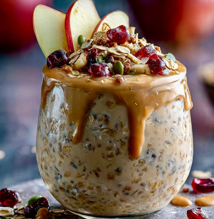 Easy apple pie overnight oats with cinnamon apples in a jar