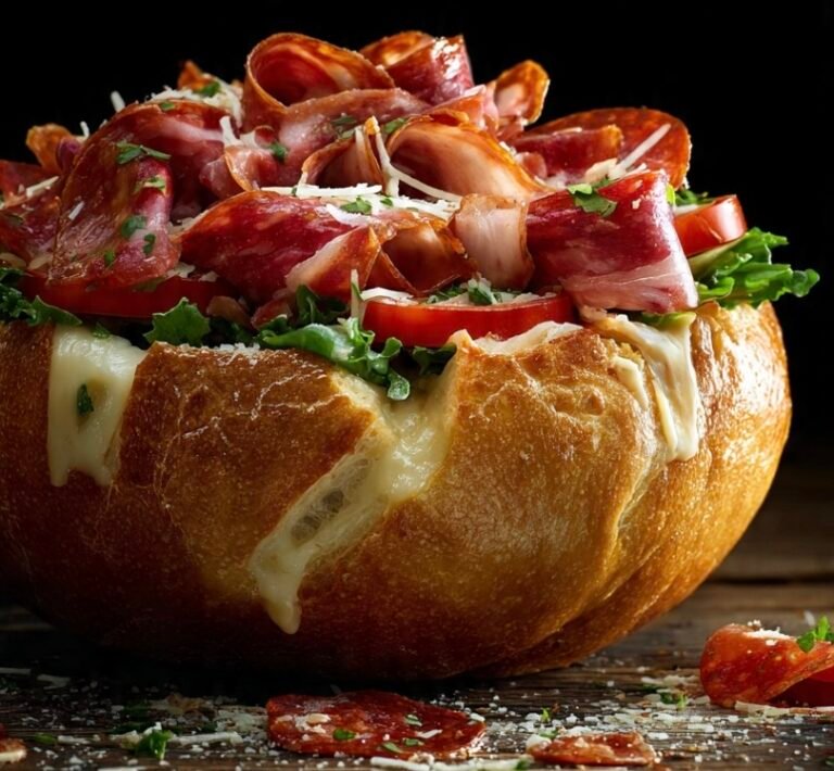 Easy cheesy salami bread bowl with melted cheese and crispy baked bread shell