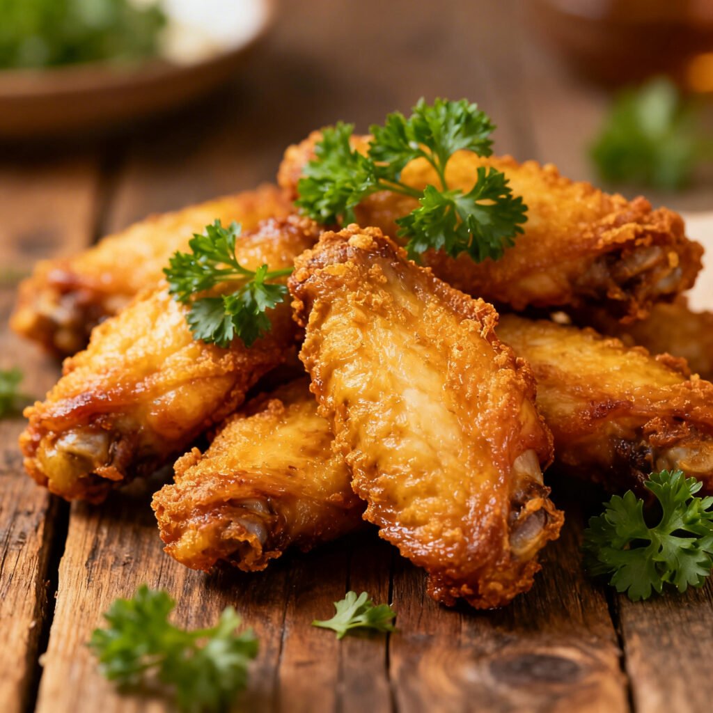 Crispy golden lemon pepper chicken wings in a bowl with fresh lemon slices and cracked black pepper