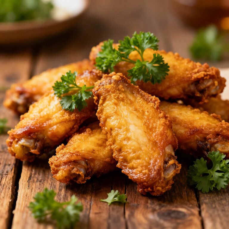 Crispy golden lemon pepper chicken wings in a bowl with fresh lemon slices and cracked black pepper
