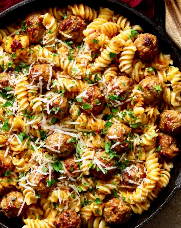 Turkey meatball pasta skillet with marinara sauce