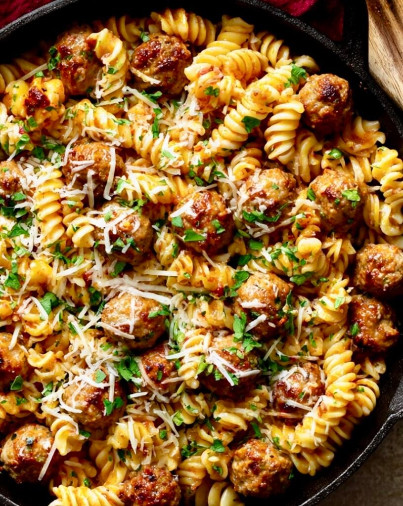 Turkey meatball pasta skillet with marinara sauce