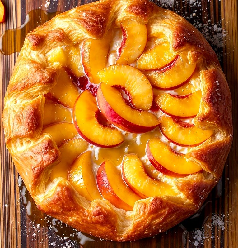 Viral hot honey peach upside down puff pastry baked until golden and flak
