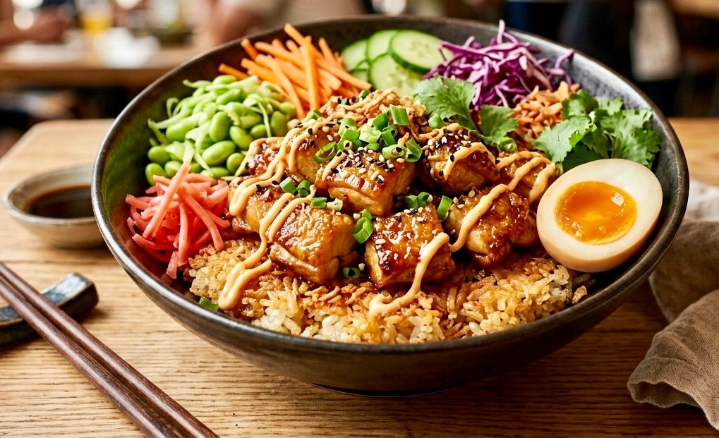 Easy Crispy Rice Chicken Bowl with golden crispy rice, juicy chicken, fresh toppings, and creamy sauce