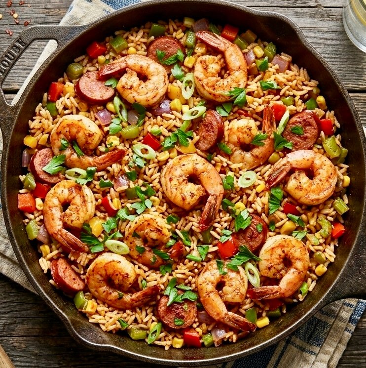 One Pan Cajun shrimp and rice with bell peppers and spices.