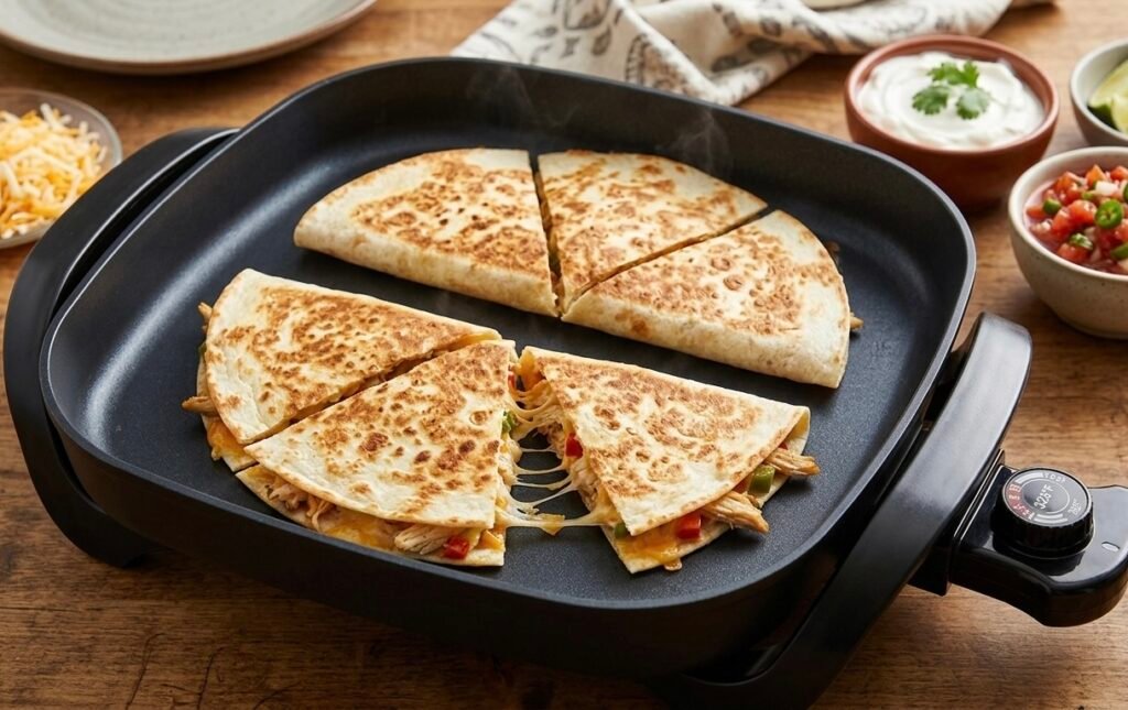 Crispy Electric Skillet Quesadillas. Close-up of golden brown, crispy cheese quesadillas sliced on an electric skillet.