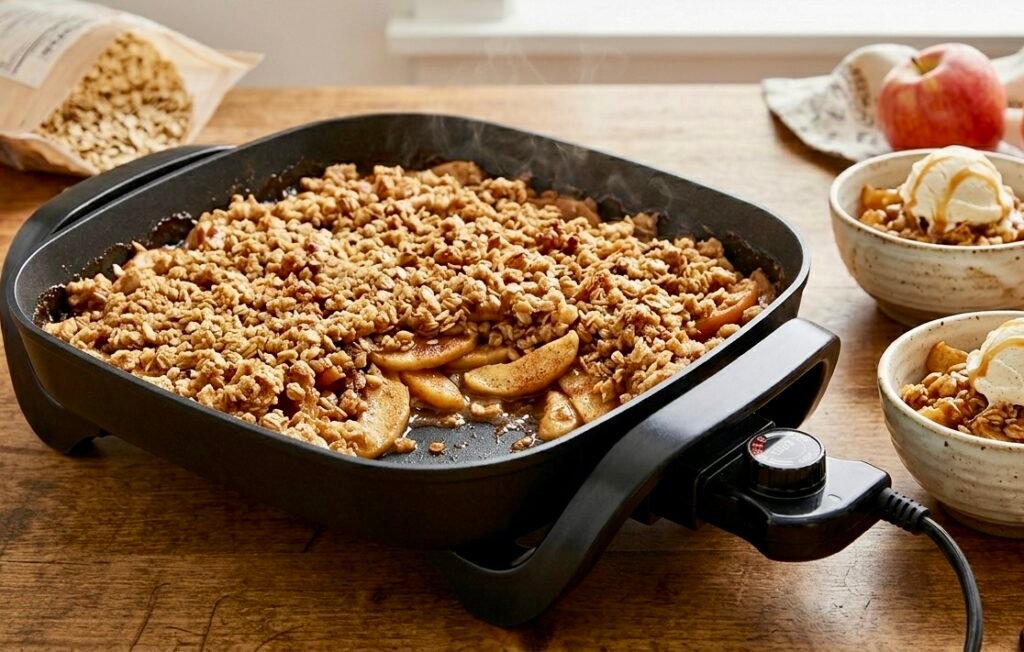 Sliced warm apples topped with golden brown oat crumble in an electric skillet. Electric skillet apple crisp.
