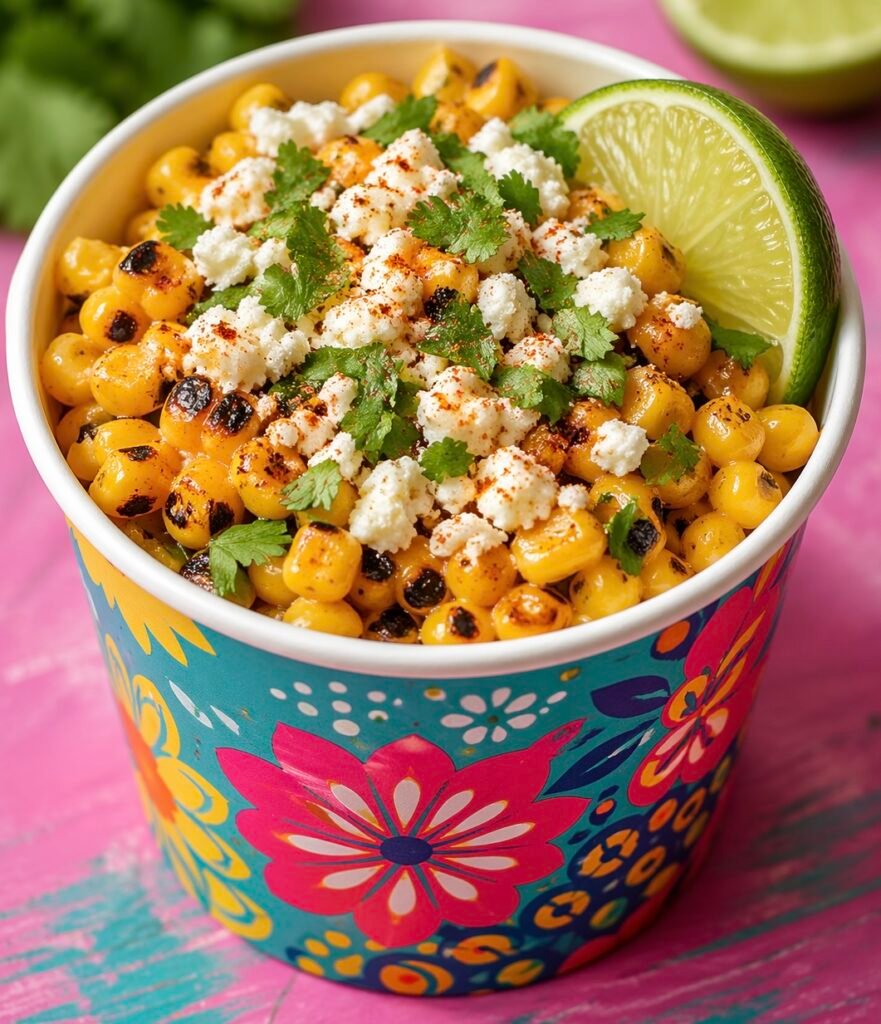 A close-up shot of The Best Easy Sweet Corn and Lime Street Corn Cups topped with fresh cilantro and lime wedges.