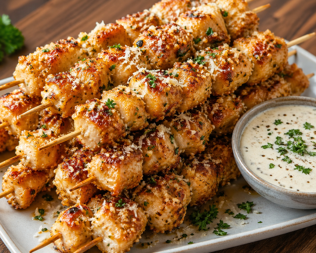The Best Easy Crispy Garlic Parmesan Skewers stacked on a serving platter with dipping sauce.