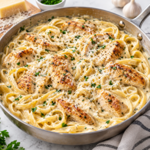 Creamy one-pan chicken Alfredo with pasta and Parmesan cheese