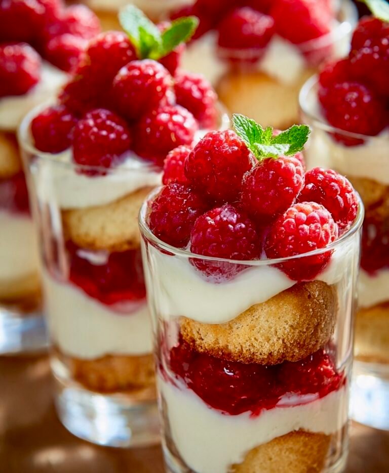 Individual glass cups filled with layers of guava-soaked ladyfingers, white mascarpone cream, and bright red raspberries.