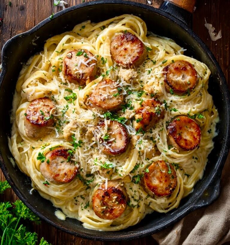 Bowl of creamy garlic parmesan pasta with sliced chicken sausage and fresh parsley.