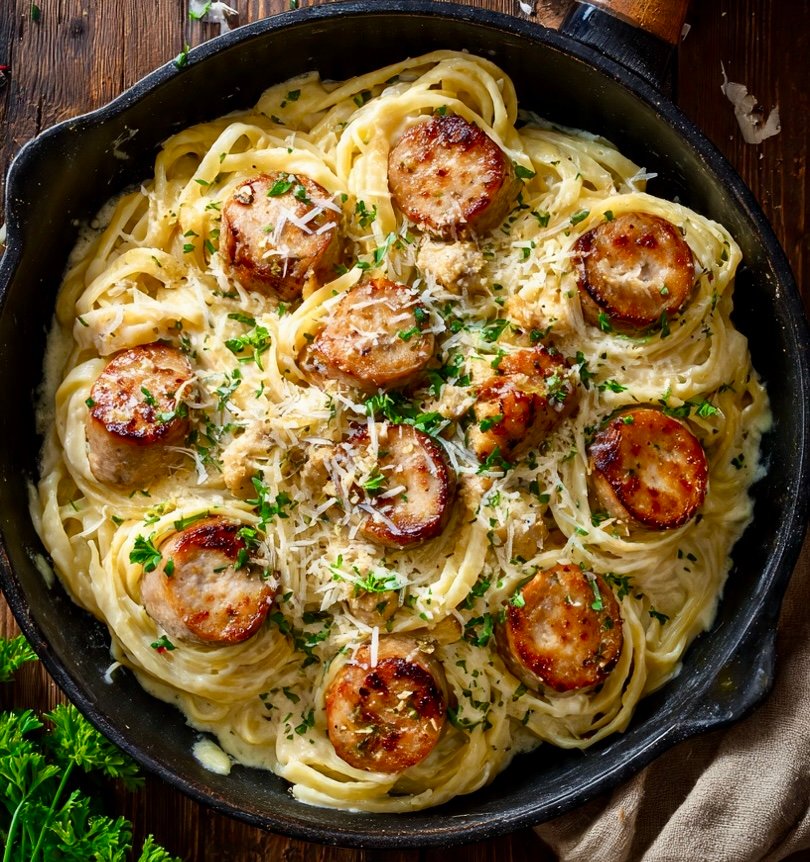 Bowl of creamy garlic parmesan pasta with sliced chicken sausage and fresh parsley.