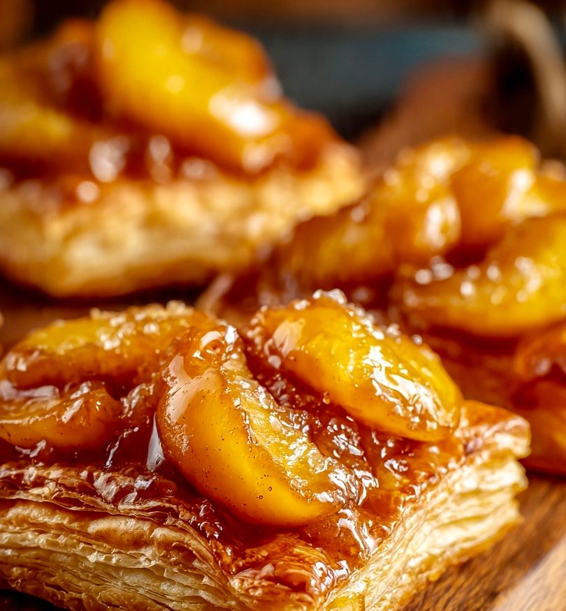 Golden hot honey peach brown puff pastry squares flipped over to show caramelized peach slices glazed with hot honey.