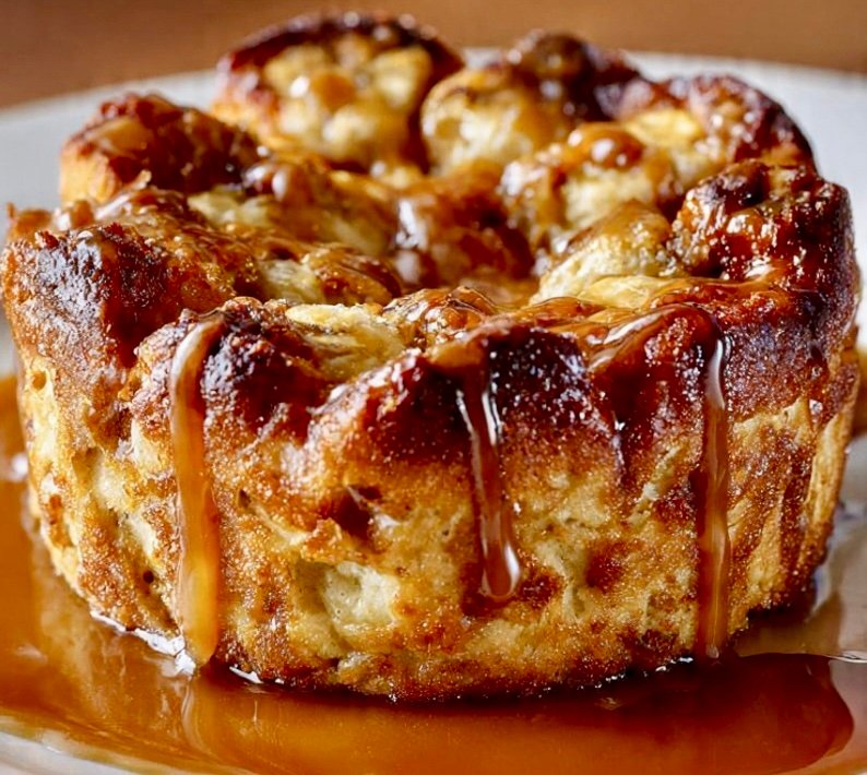 A golden brown banana croffle drizzled with miso caramel sauce on a white plate.