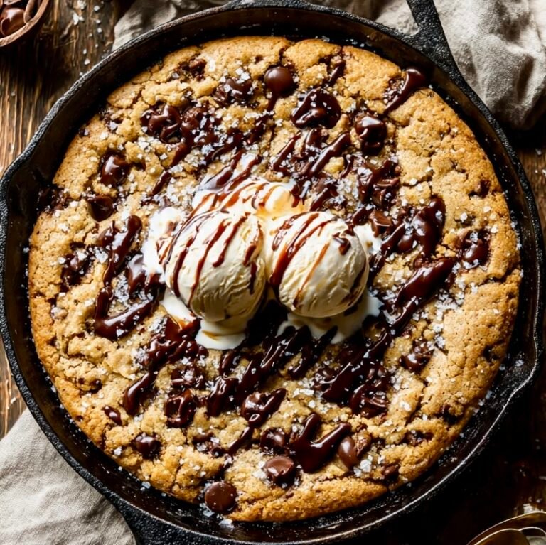 A warm, gooey One-Pan Skillet Cookie served in a cast-iron pan, topped with melting chocolate chips