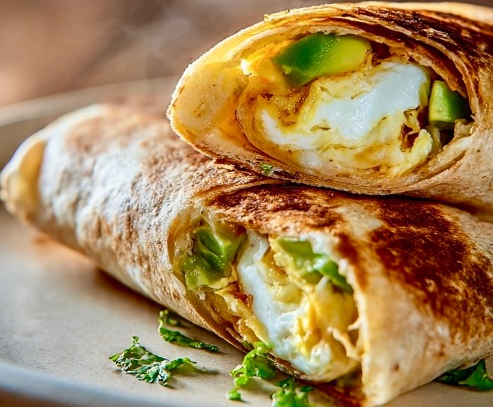 A crispy, golden-brown 10-Minute Breakfast Wrap filled with melted cheese, fluffy eggs, and avocado, sliced in half on a ceramic plate.