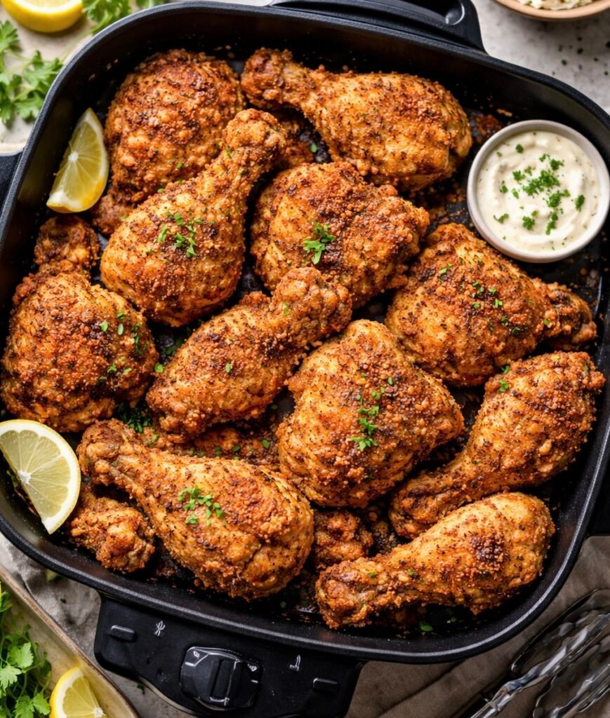 Perfectly crispy fried chicken golden brown in an electric skillet
