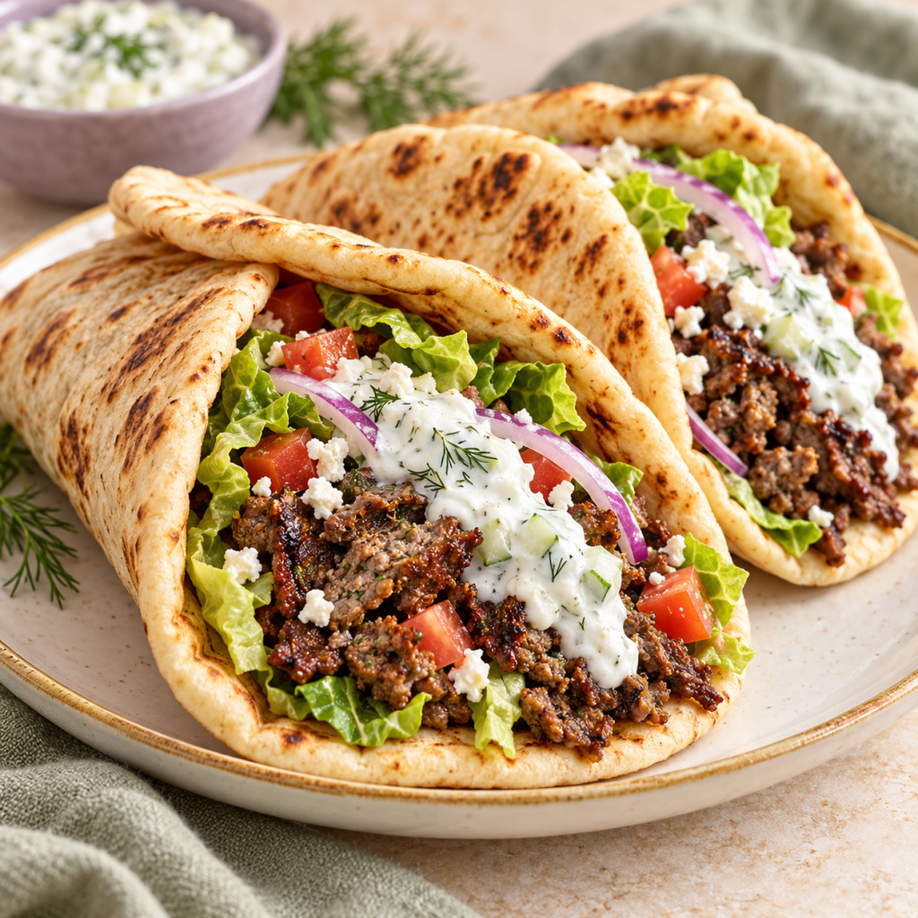 A plate of Easy Mediterranean Gyros wrapped in pita bread with fresh vegetables and creamy tzatziki sauce.