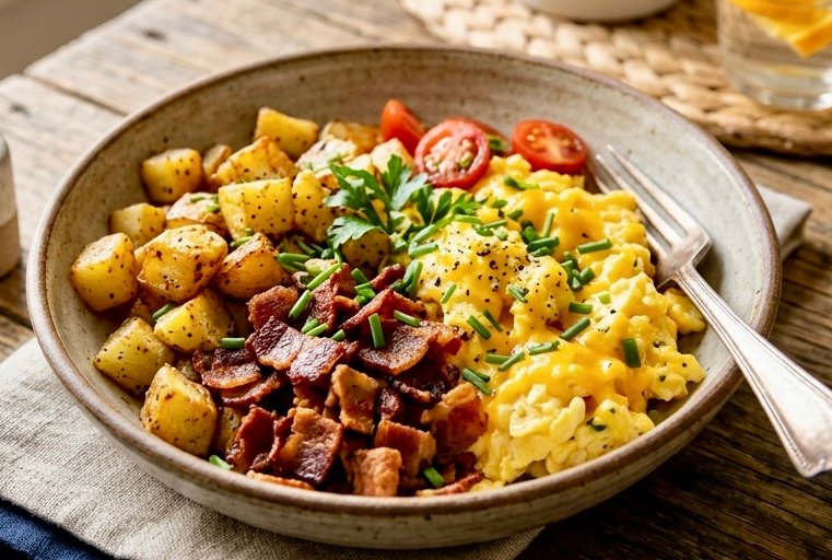 The best quick bacon, Crispy bacon, roasted potatoes, and cheesy scrambled eggs in a breakfast bowl on a wooden table.
