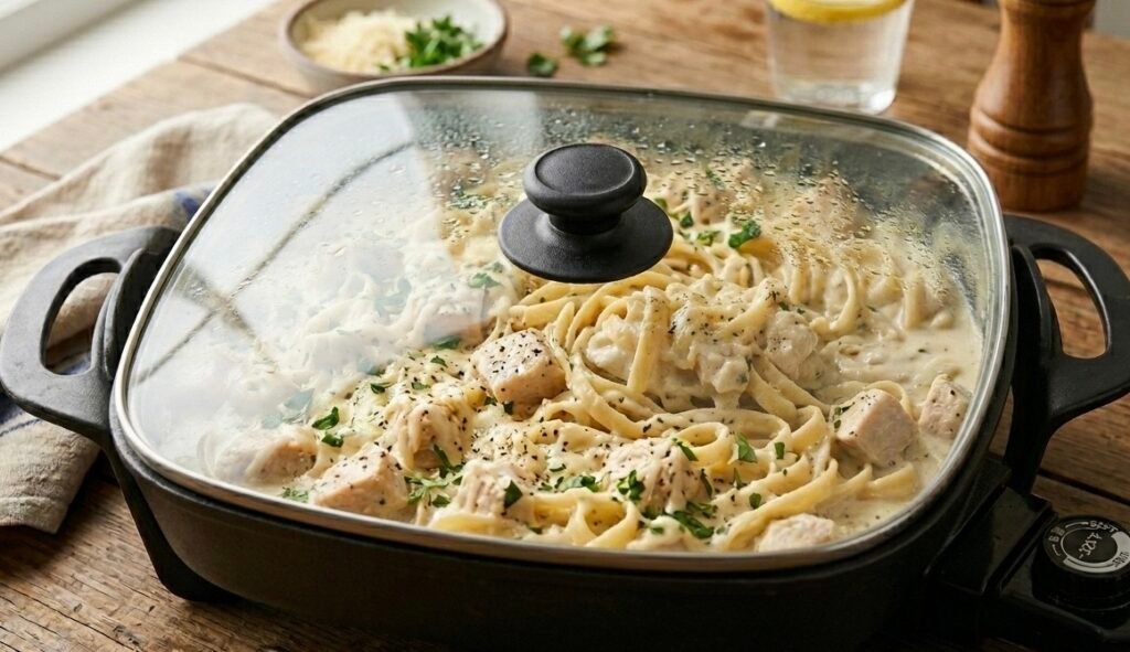 Creamy no-boil chicken alfredo with fettuccine and golden chicken in a single skillet