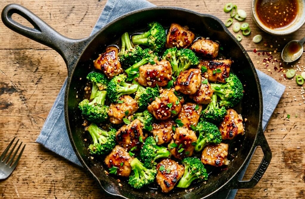 Easy honey garlic chicken bites with broccoli cooked in one pan