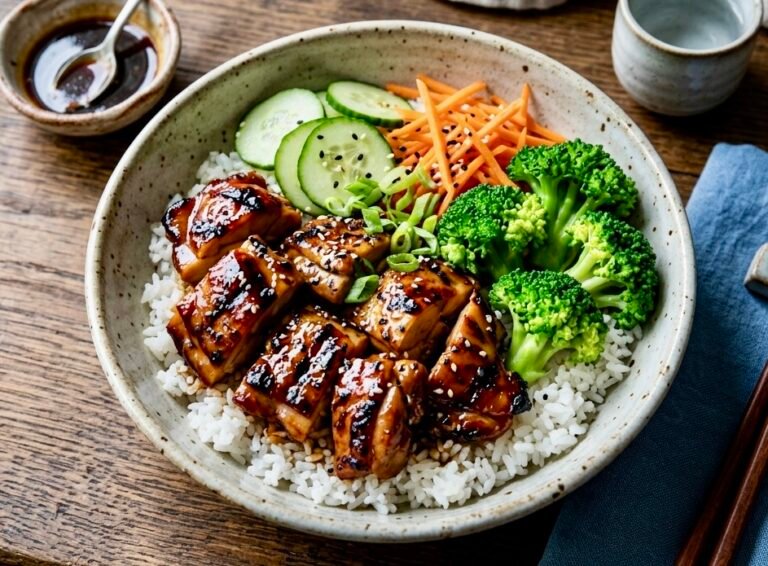 Easy teriyaki chicken rice bowl with broccoli served over rice