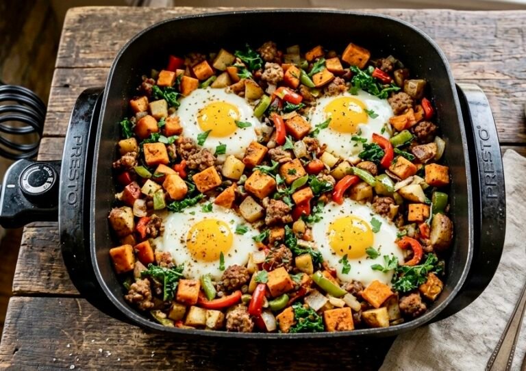 Overhead view of an electric skillet filled with sweet potato breakfast hash — golden diced sweet potatoes, browned sausage, red bell peppers, onions, and spinach, topped with four sunny‑side‑up eggs sprinkled with black pepper and green onions. Surrounding the skillet are bowls of salsa, chopped green onions, crispy bacon, toasted bread, and seasonings on a rustic wooden table.