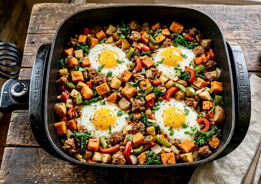 Overhead view of an electric skillet filled with sweet potato breakfast hash — golden diced sweet potatoes, browned sausage, red bell peppers, onions, and spinach, topped with four sunny‑side‑up eggs sprinkled with black pepper and green onions. Surrounding the skillet are bowls of salsa, chopped green onions, crispy bacon, toasted bread, and seasonings on a rustic wooden table.