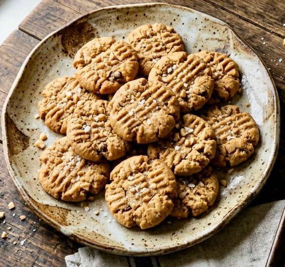 Overhead shot of freshly baked, flourless peanut butter cookies with a classic crisscross fork-press pattern