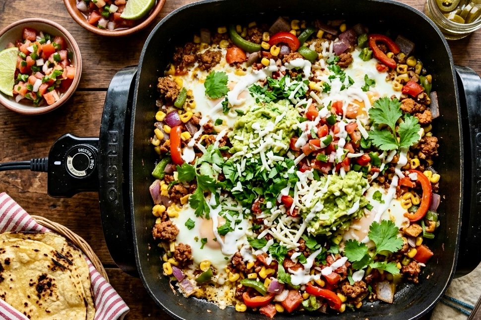 Bright overhead view of a colorful Mexican breakfast scramble cooked in an electric skillet — fluffy eggs, diced peppers, onions, and melted cheese mixed with seasoned potatoes and garnished with fresh cilantro and avocado slices on a rustic wooden table.