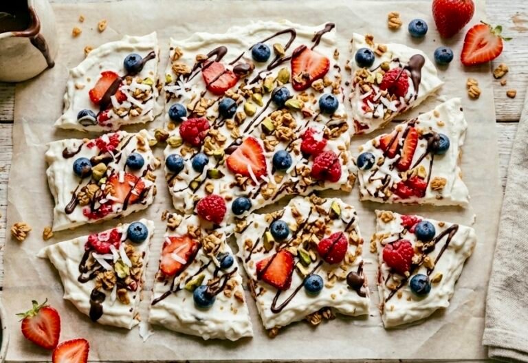 easy frozen yogurt bark with berries and granola on parchment paper