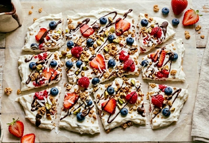 easy frozen yogurt bark with berries and granola on parchment paper