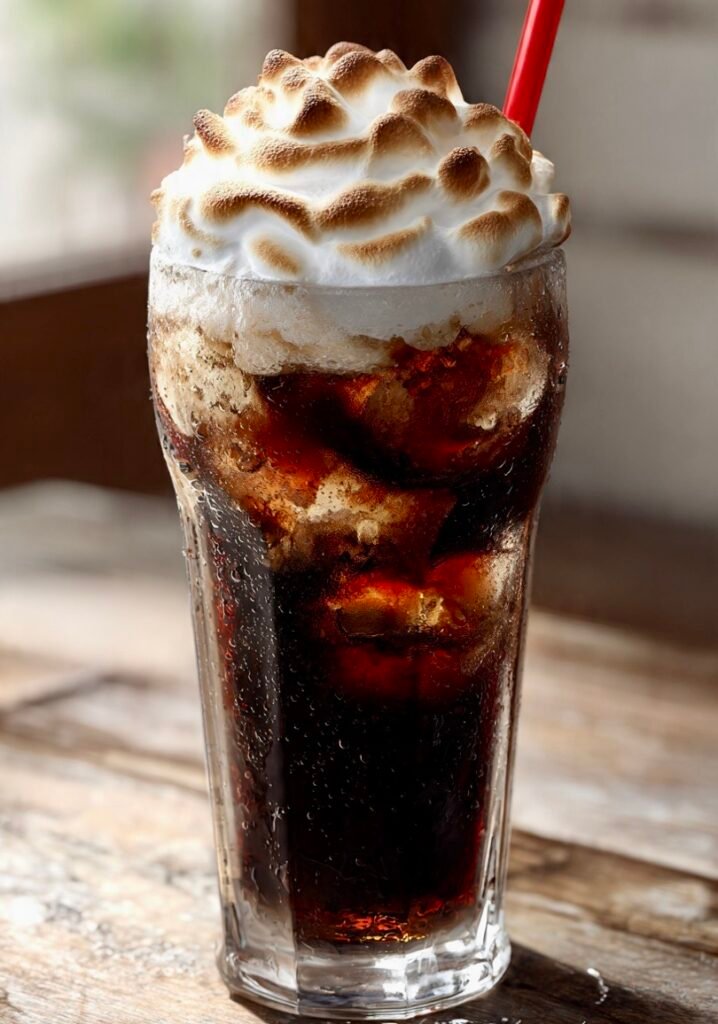 Tall glass of the best Fluffy Coke topped with toasted marshmallow fluff with golden caramelized peaks, red straw in glass, condensation on side, rustic wood table background