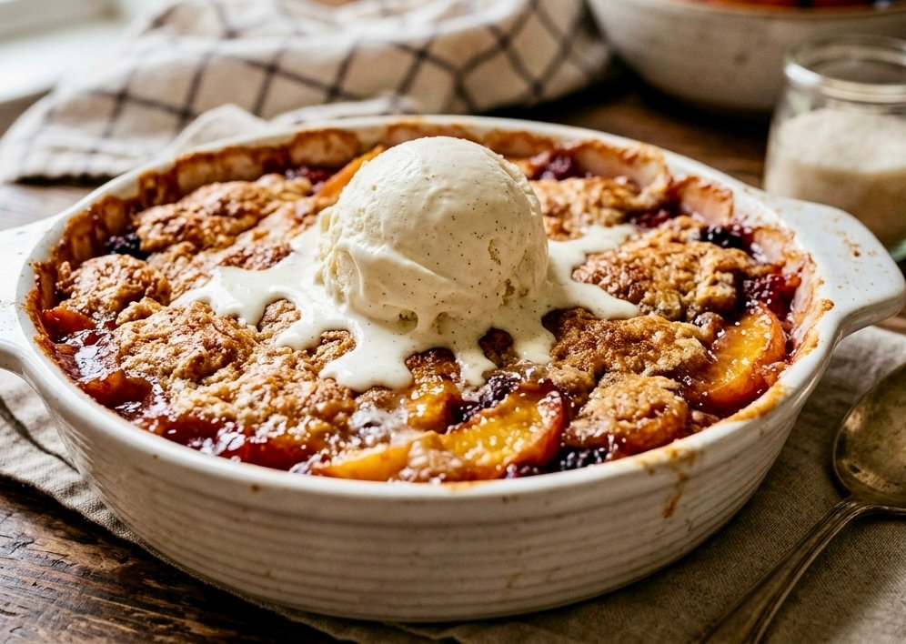 A golden brown owl of the best ultimate lazy girl cobbler served in a white ceramic dish with a scoop of melting ice cream.