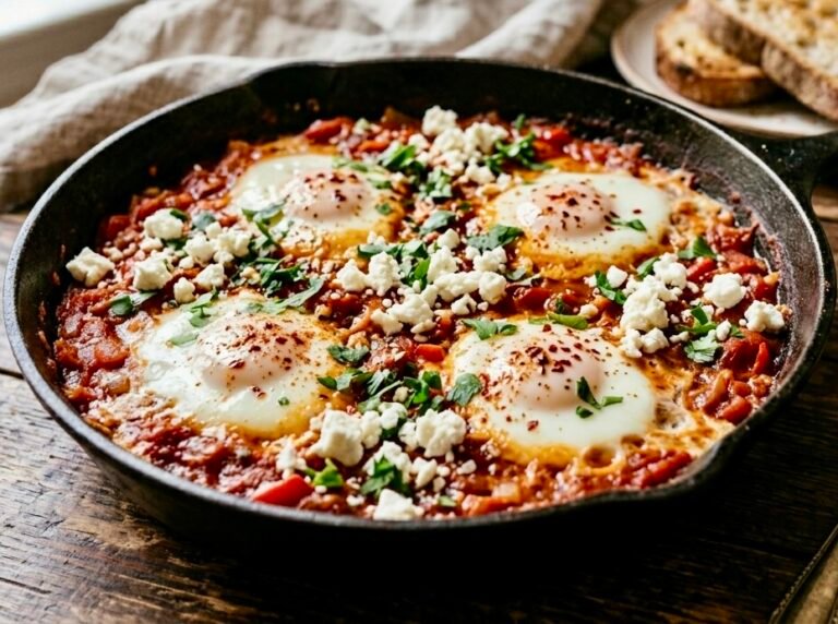A One-Pan Shakshuka cast iron skillet filled with red tomato shakshuka, poached eggs, and crumbled feta cheese.