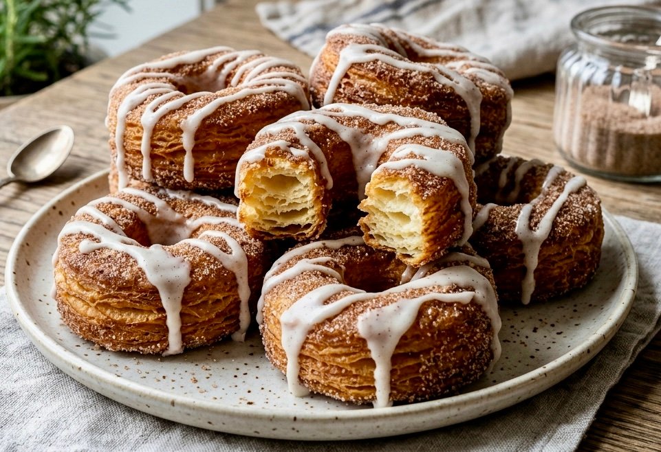 A plate of golden brown air fryer cronuts coated in cinnamon sugar and drizzled with white vanilla glaze.