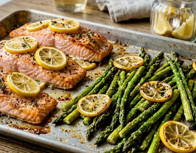 A sheet pan featuring roasted lemon salmon fillets and green asparagus with fresh lemon slices.