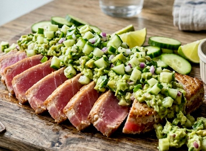 The Best Easy tuna steak. Seared and sliced on a board topped with fresh cucumber guacamole.