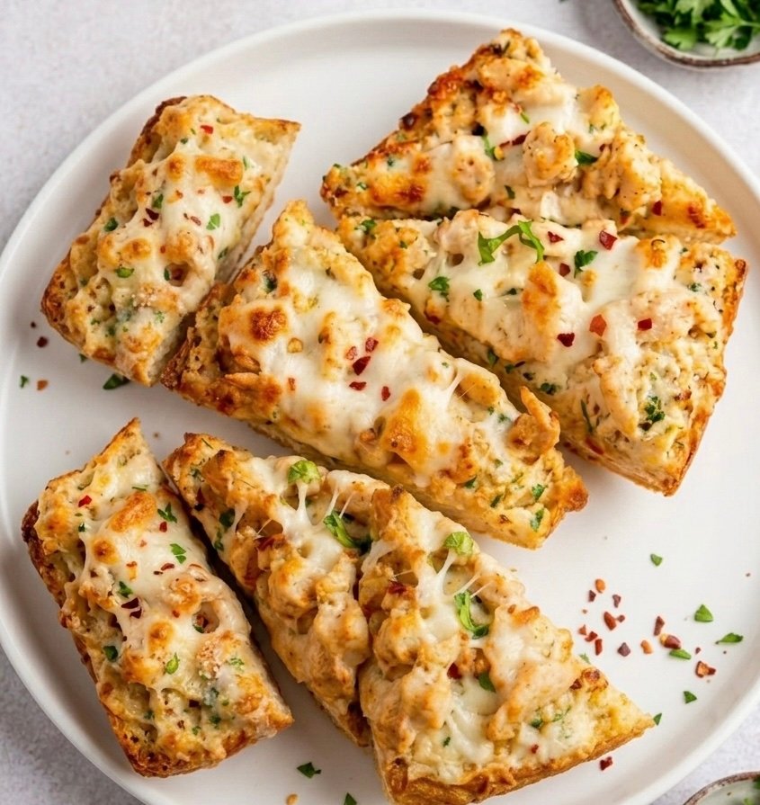 Cheesy chicken alfredo garlic bread baked until golden and crispy