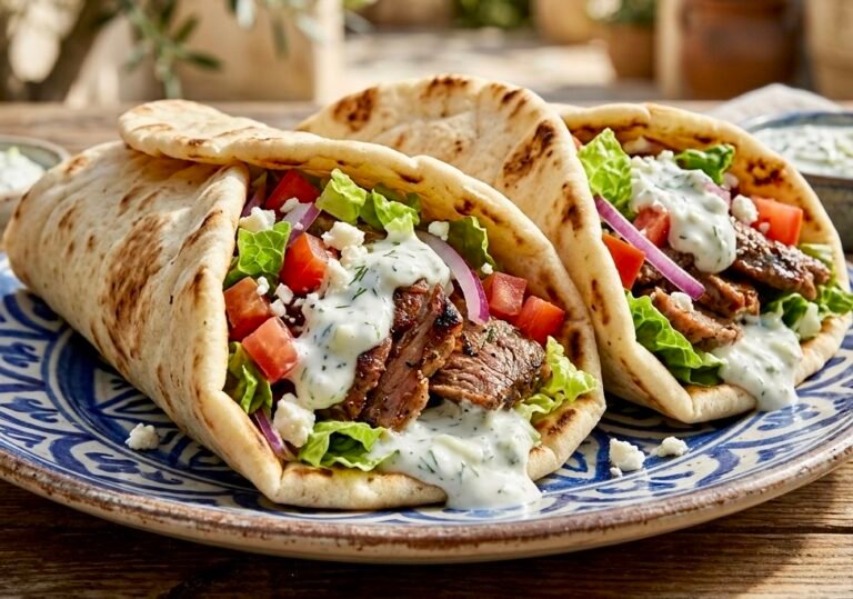 A plate of Easy Mediterranean Gyros wrapped in pita bread with fresh vegetables and creamy tzatziki sauce.