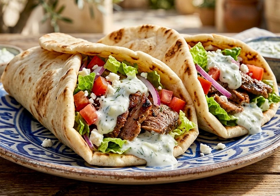 A plate of Easy Mediterranean Gyros wrapped in pita bread with fresh vegetables and creamy tzatziki sauce.